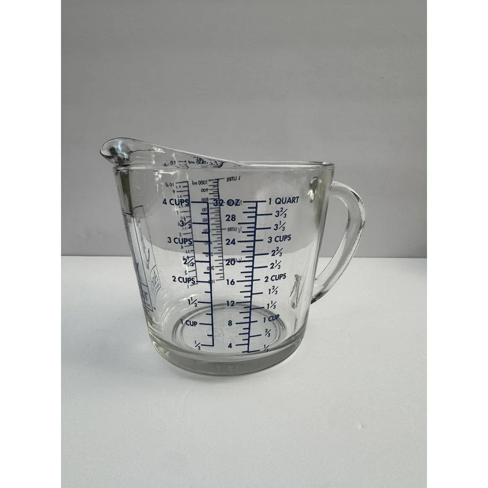 Vintage Anchor Hocking Blue Lettering 4-Cup Glass Measuring Cup 32 Oz- 1 Quart